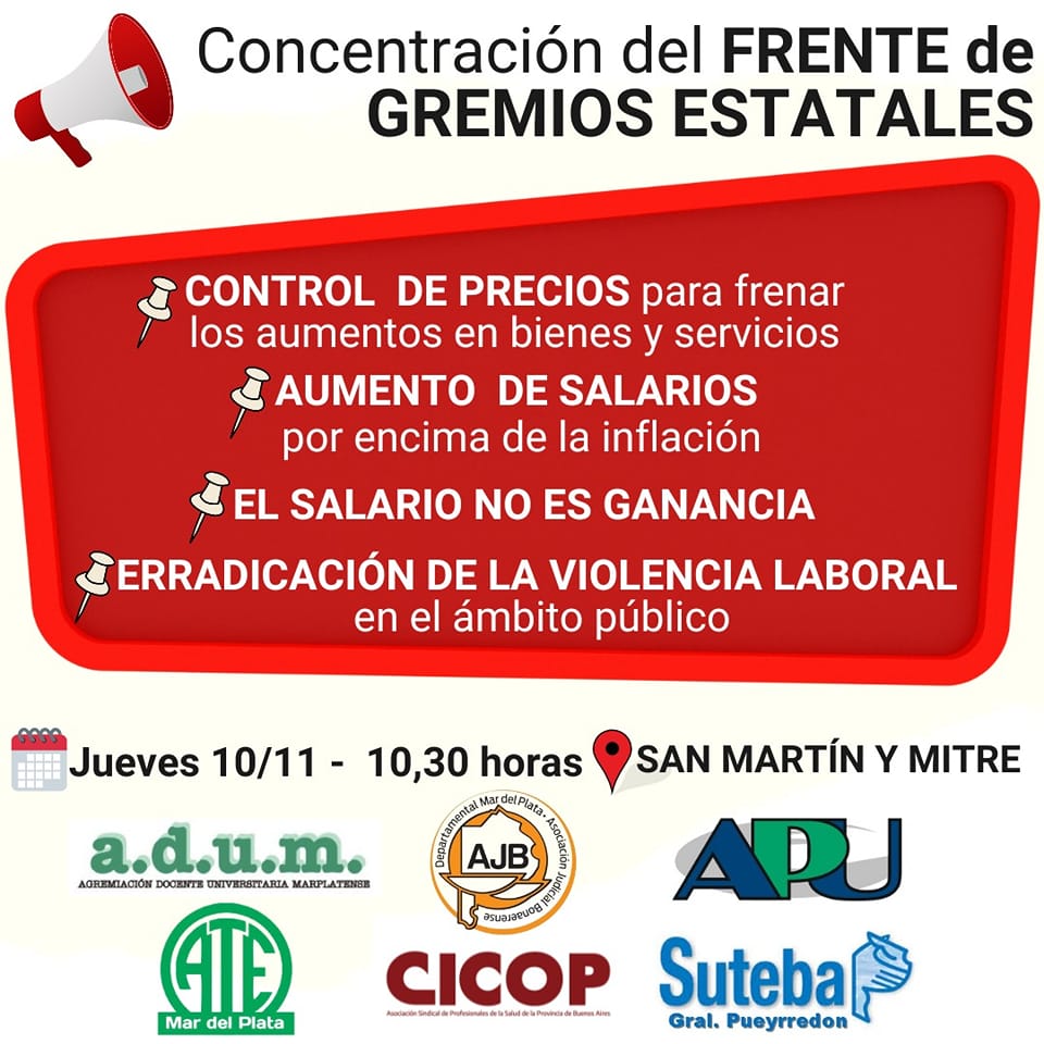 Flyer de la concentración del Frente de Gremios Estatales (APU, Adum, Suteba, ATE, Cicop y AJB).