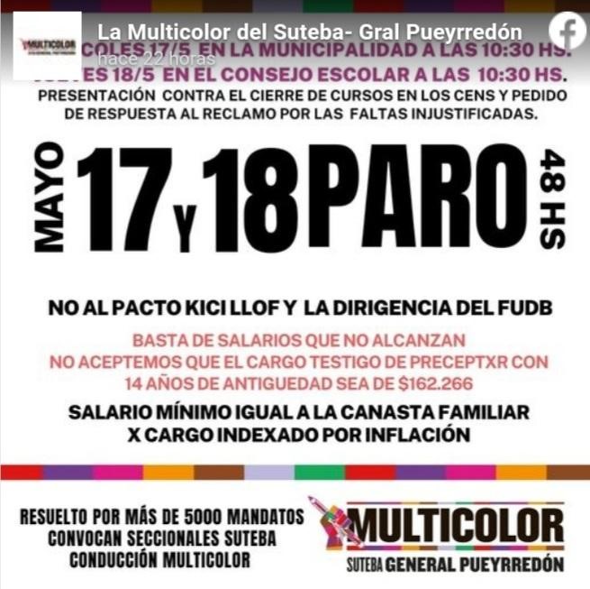 Suteba Multicolor realizará un nuevo paro de 48 horas