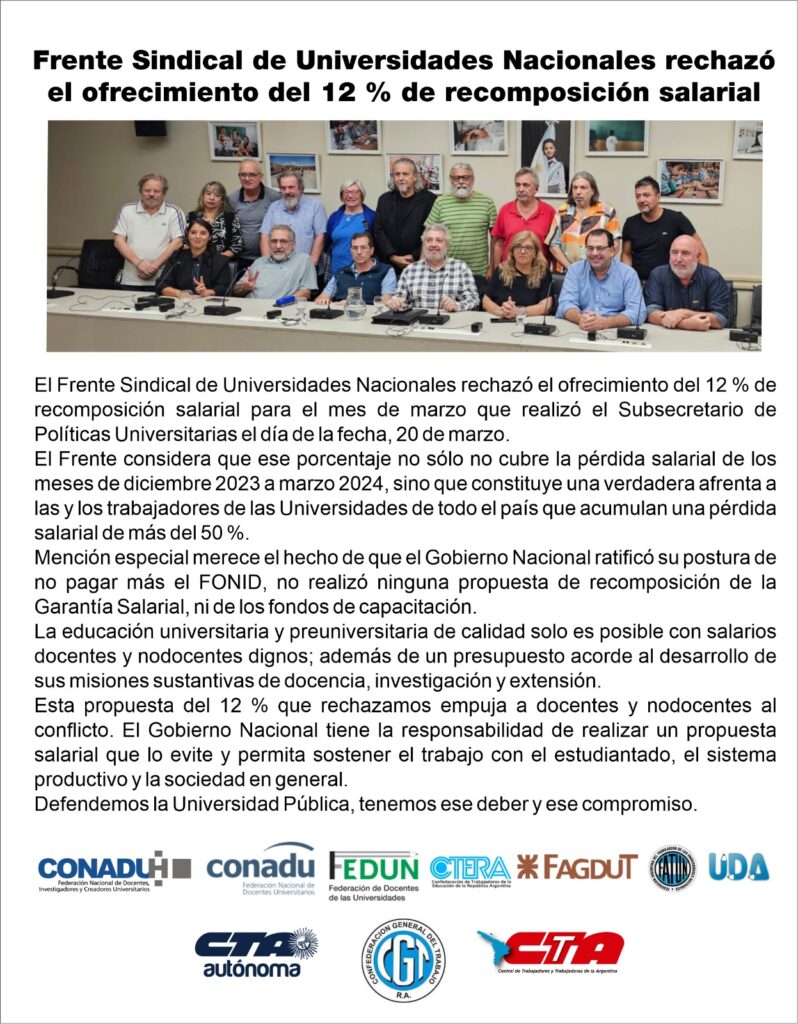 Trabajadores universitarios rechazaron la oferta del 12% de recomposición salarial