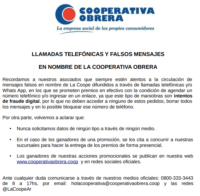 La Cooperativa Obrera advierte sobre intentos de fraude digital