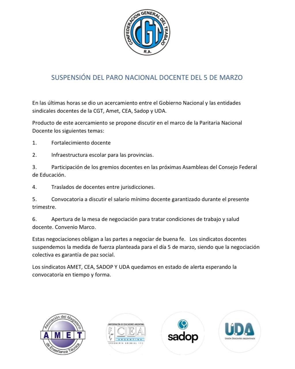 Trama Educativa | Suspenden el paro docente del 5 de marzo